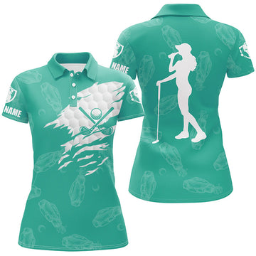 Ladies' Custom Name Golf Clubs Pattern Polo Shirt | Turquoise N7536