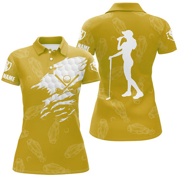 Personalized Women's Golf Polo Shirt with Custom Name | Golf Clubs Pattern | Yellow N7536