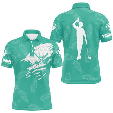 Personalized Men's Golf Polo Shirt with Custom Name and Golf Clubs Pattern | Turquoise N7536