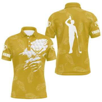 Men's Personalized Golf Polo Shirt with Custom Name | Golf Clubs Pattern Shirt in Yellow N7536