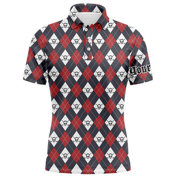 Men's Customized Golf Polo Shirt with Argyle Plaid Pattern - Golf Skull Design - Personalized Team Name - Golfing Gift N6021