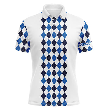 Men's Personalized Blue Pattern Long Sleeve Golf Polo Shirt - White Golf Shirt Gift N3365