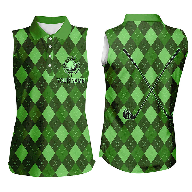 
Personalized Green Argyle Women's Sleeveless Polo Shirt | Custom Name Golf Outfit & Gift
 N8133