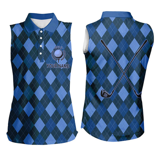 
Blue Argyle Women's Sleeveless Polo Shirt - Custom Name Golf Outfit, Personalized Golf Gift
 N8134