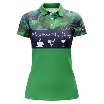 Women's Golf Polo Shirt - Plan for the Day: Coffee, Golf, Wine - Custom Name - Green Tropical Plants - Golf Shirt N4000