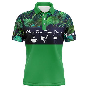 Men's Custom Name Golf Polo Shirt - "Plan for the Day: Coffee, Golf, Wine" Green Tropical Plants N4000