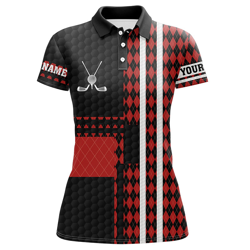 Custom Name Black and Red Argyle Pattern Women's Golf Polo Shirt - Personalised Golfing Gift for Her N7089