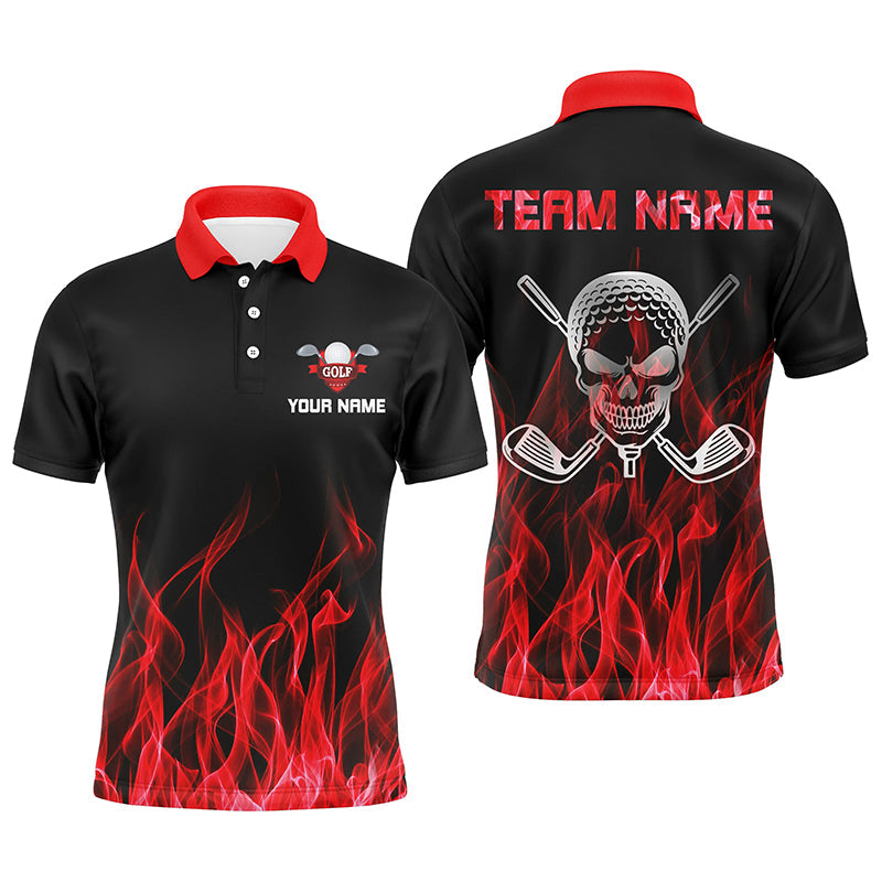 Custom Black Men's Golf Polo Shirt with Red Flame Skull Golf Clubs Design - Personalized Golf Gift for Him N6258