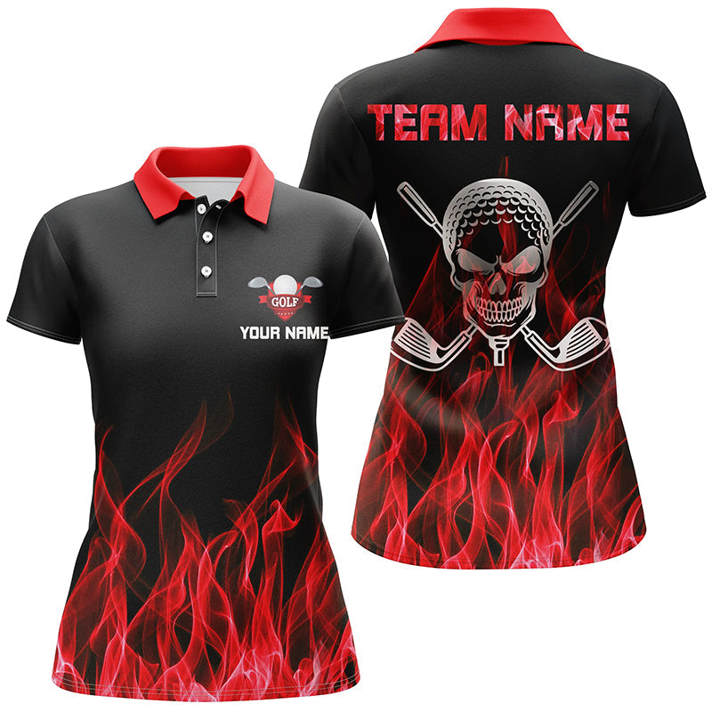 Custom Black Women's Golf Polo Shirt with Red Flame Skull Golf Clubs Design - Personalized Golf Gift for Her N6258