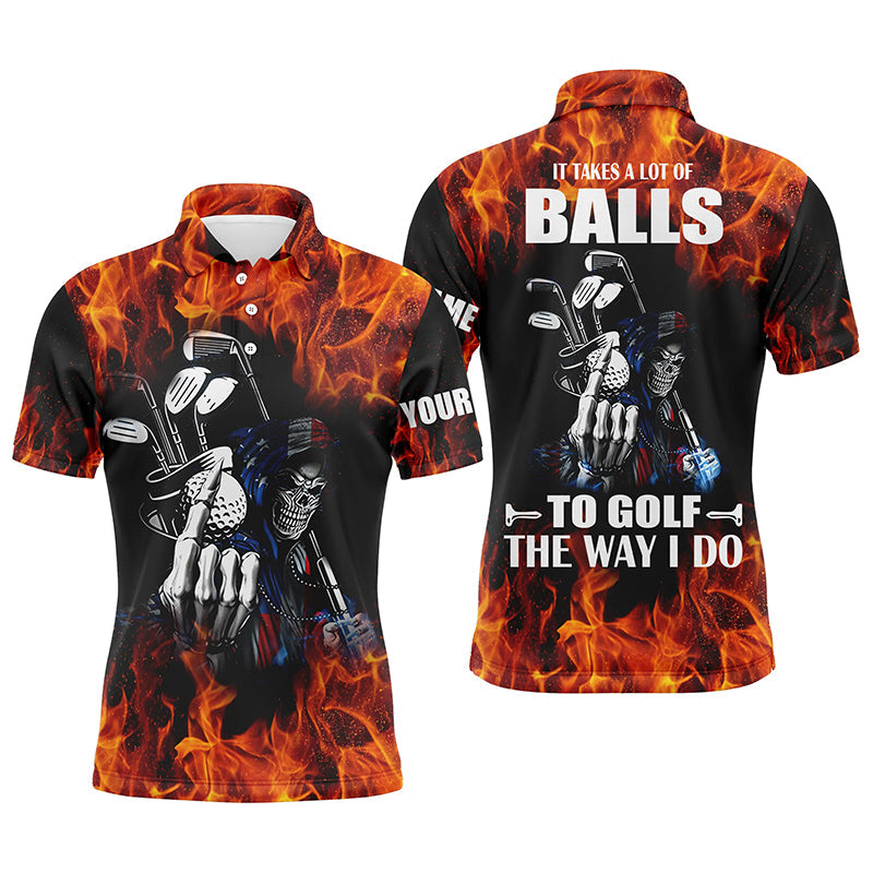 Customized Men's Golf Polo Shirt with Flame Golf Skull Design - Personalized Name - Unique Golf Apparel N4467