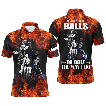 Customized Men's Golf Polo Shirt with Flame Golf Skull Design - Personalized Name - Unique Golf Apparel N4467
