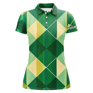 Green and Yellow Argyle Plaid Pattern Women's Golf Polo Shirt - Custom Ladies Golf Top N7372