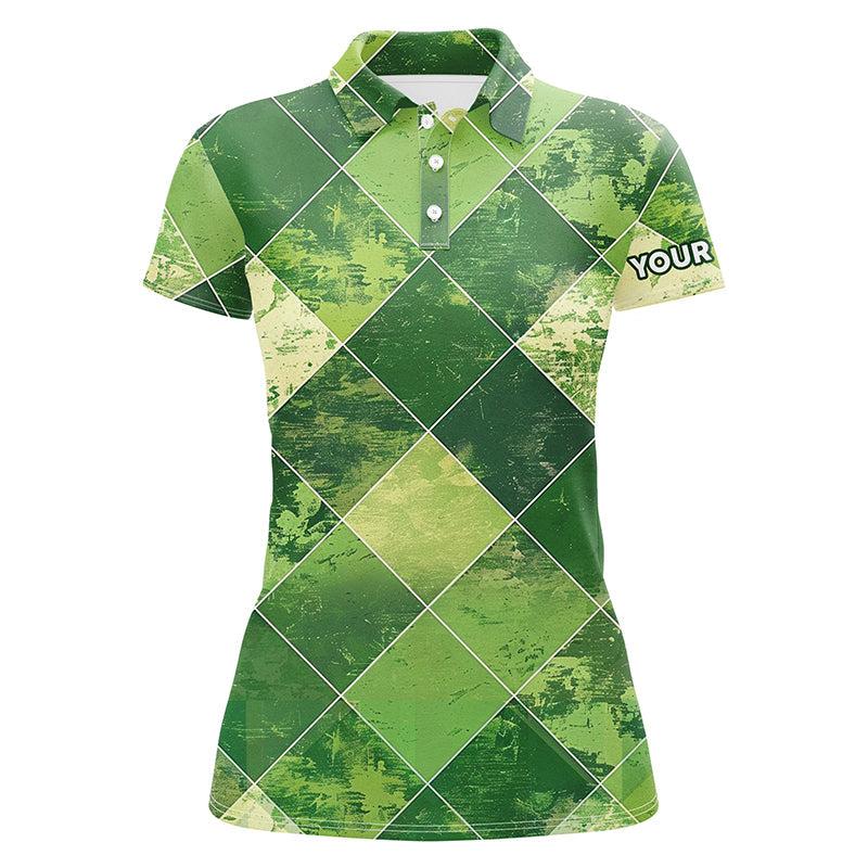 Green Argyle Plaid Women's Golf Polo Shirt - Custom Ladies Golf Apparel, Green Golf Top N7373