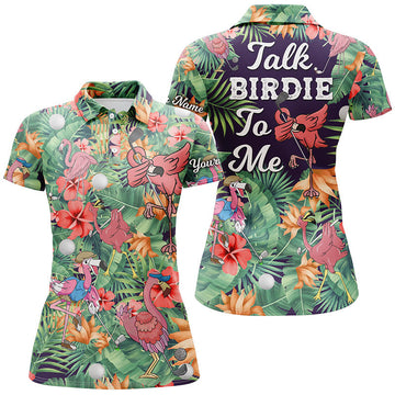 Stylish Women's Golf Polo Shirt with Custom Green Tropical Flower and Flamingo Design - Talk Birdie to Me N5364