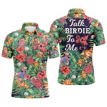 Men's Green Tropical Flower Flamingo Golf Polo Shirt N5364