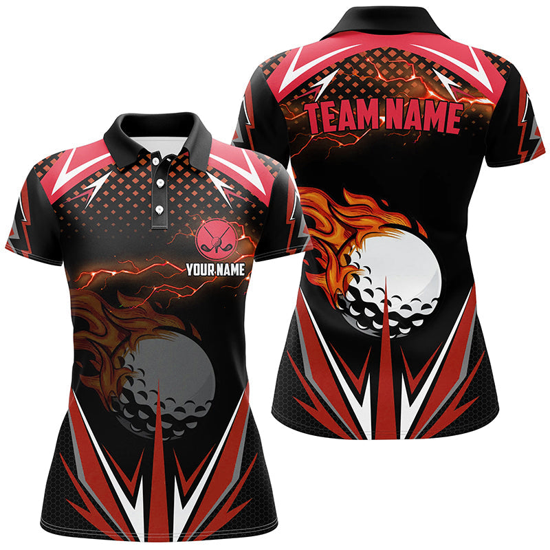 Custom Black Women's Golf Polo Shirts with Red Fire Lightning Design - Team Golf Jerseys for Ladies N7380