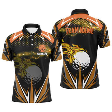 Custom Black Men's Golf Polo Shirts with Orange Fire Lightning Design - Premium Golf Attire for Men N7381