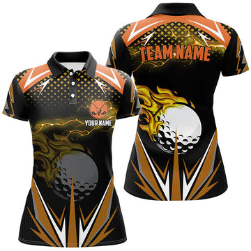 Custom Black Women's Golf Polo Shirts with Orange Fire Lightning Design - Premium Golf Attire for Ladies N7381