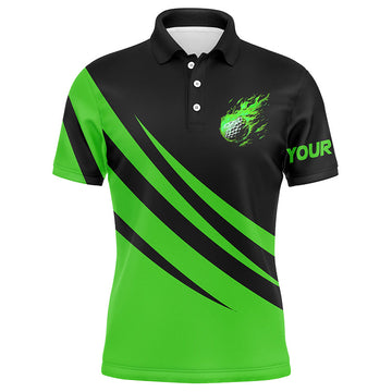 Men's Black and Green Custom Flame Golf Polo Shirt - Golfing Gift N7399