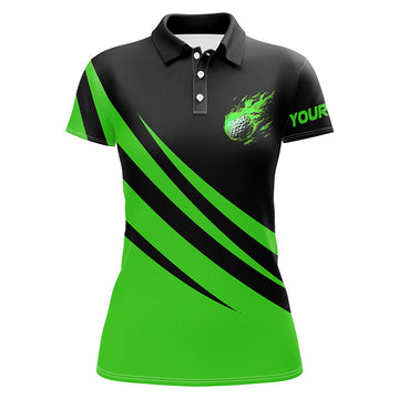 Women's Black and Green Golf Polo Shirt with Custom Flame Golf Ball Design - Ladies Golf Top, Perfect Golfing Gift N7399