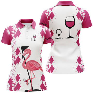 White Pink Women's Golf Shirt with Flamingo Design - Personalized Golf Polo Shirt for Women - Custom Name Option N5117