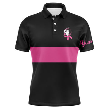 Black and Pink Breast Cancer Awareness Custom Men's Golf Polo Shirts with Pink Ribbon N6293