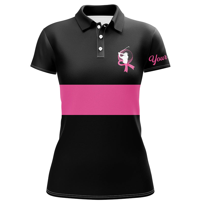 Black and Pink Breast Cancer Awareness Women's Custom Golf Polo Shirt with Pink Ribbon N6293