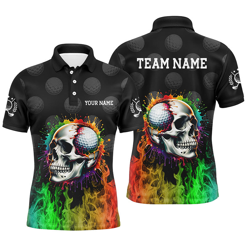 Custom Rainbow Flame Skull Fire Black Men's Golf Polo Shirt - Personalised Golf Apparel N7125