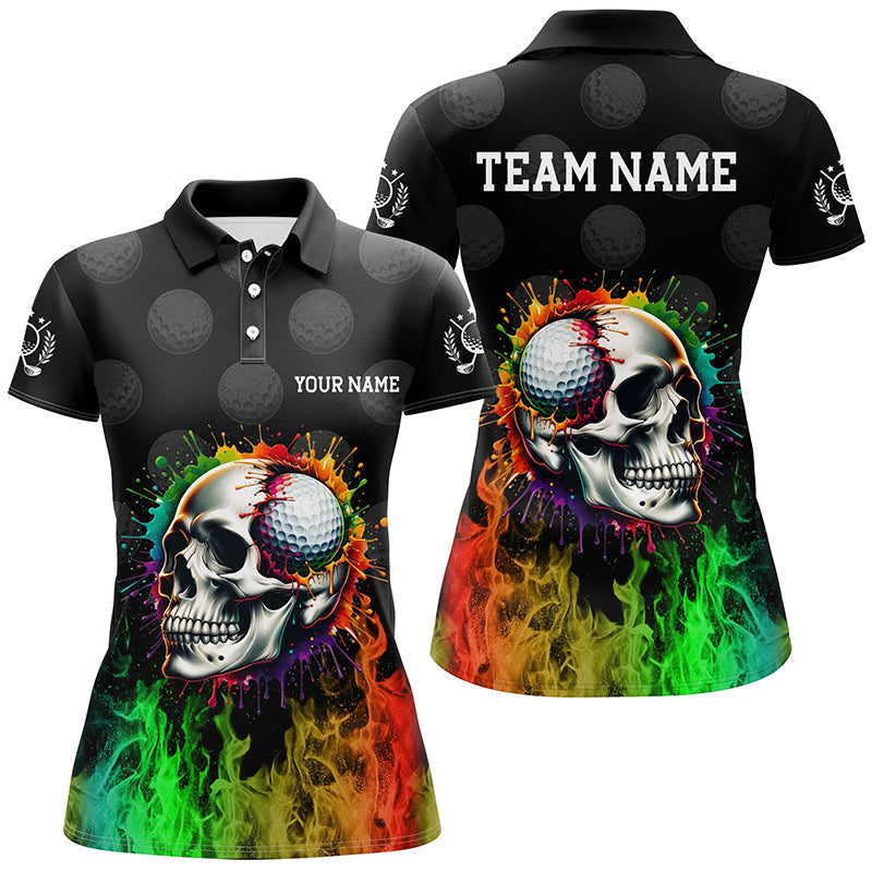 Custom Rainbow Flame Skull Fire Women's Golf Polo Shirt - Personalized Ladies Golf Apparel N7125
