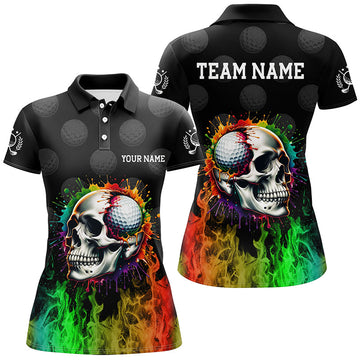 Custom Rainbow Flame Skull Fire Women's Golf Polo Shirt - Personalized Ladies Golf Apparel N7125