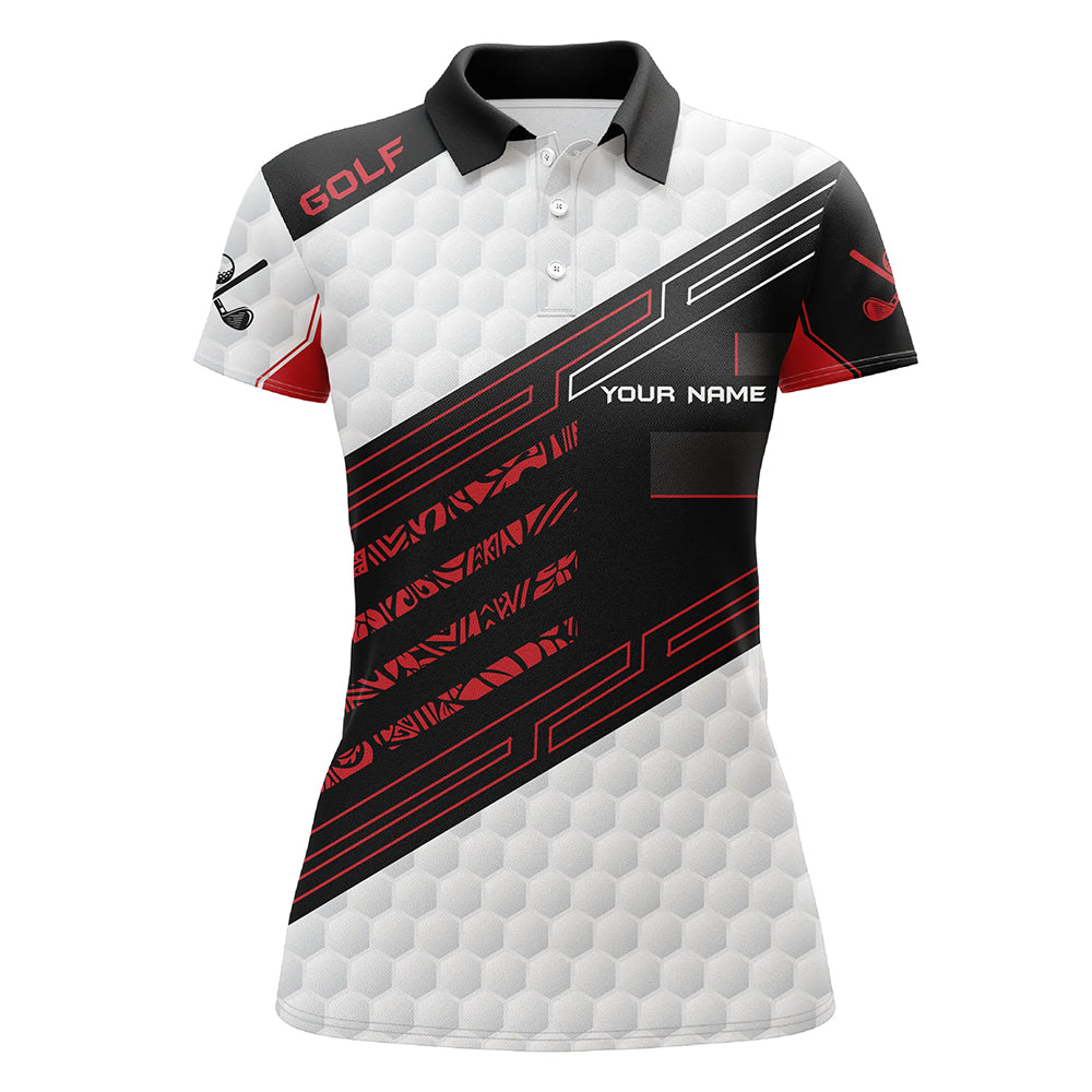 
Womens Golf Polo Shirt - Black and White Golf Ball Pattern, Custom Fit, Red, Sporty Design
 N8204