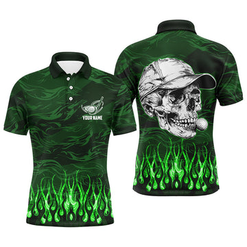 Men's Custom Green Camo Flame Golf Skull Polo Shirt - Team Golf Attire for Men - Golfing Gifts N7430