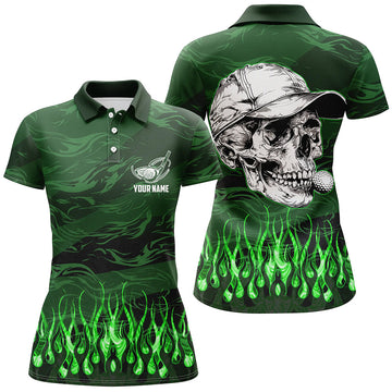 Women's Custom Green Camo Flame Golf Skull Polo Shirt - Team Golf Attire for Ladies, Golfing Gifts N7430