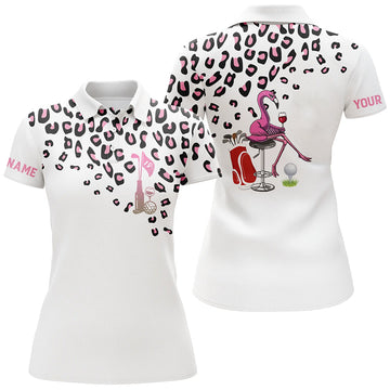 Pink Leopard Women's Golf Polo Shirt | Custom White Ladies Golf Top | Funny Flamingo Golf Wine Shirts N5885