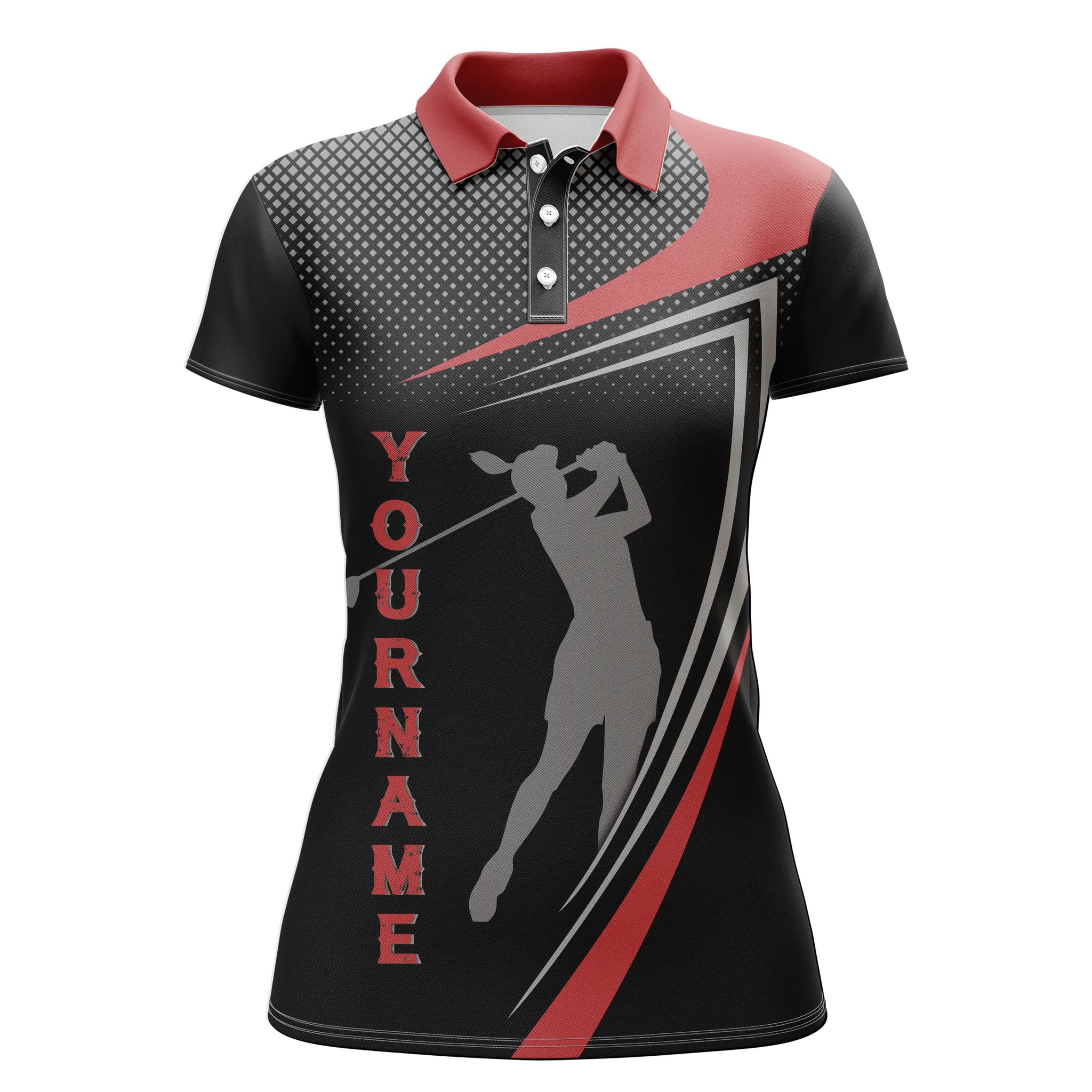 Custom Red and Black Sports Golf Polo Shirt - Personalized Golfer Silhouette - Best Golf Shirt for Women N4650