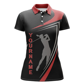 Custom Red and Black Sports Golf Polo Shirt - Personalized Golfer Silhouette - Best Golf Shirt for Women N4650