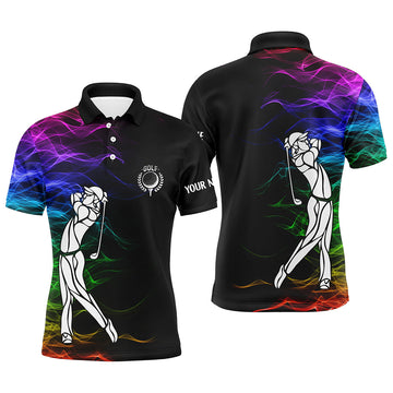 Custom Men's Golf Polo Shirt with Personalized Rainbow Smoke Pattern in Black N7262