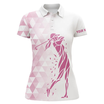 Custom Ladies Golf Polo Shirts in White and Pink Triangle Pattern - Personalized Women's Golf Tops N7267