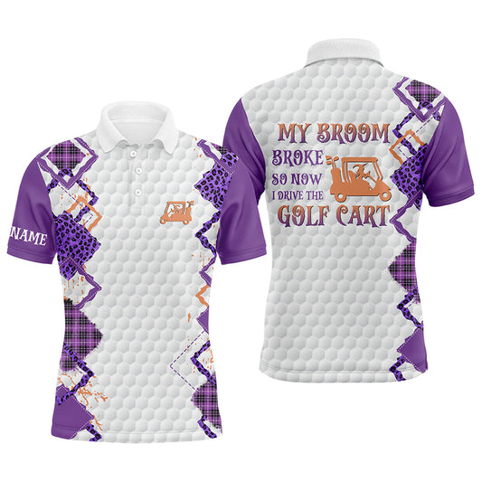 
Funny Halloween Leopard Golf Polo Shirt for Men - "My Broom Broke, So Now I Drive the Golf Cart" - Custom Design, Comfortable Fit
 N8214