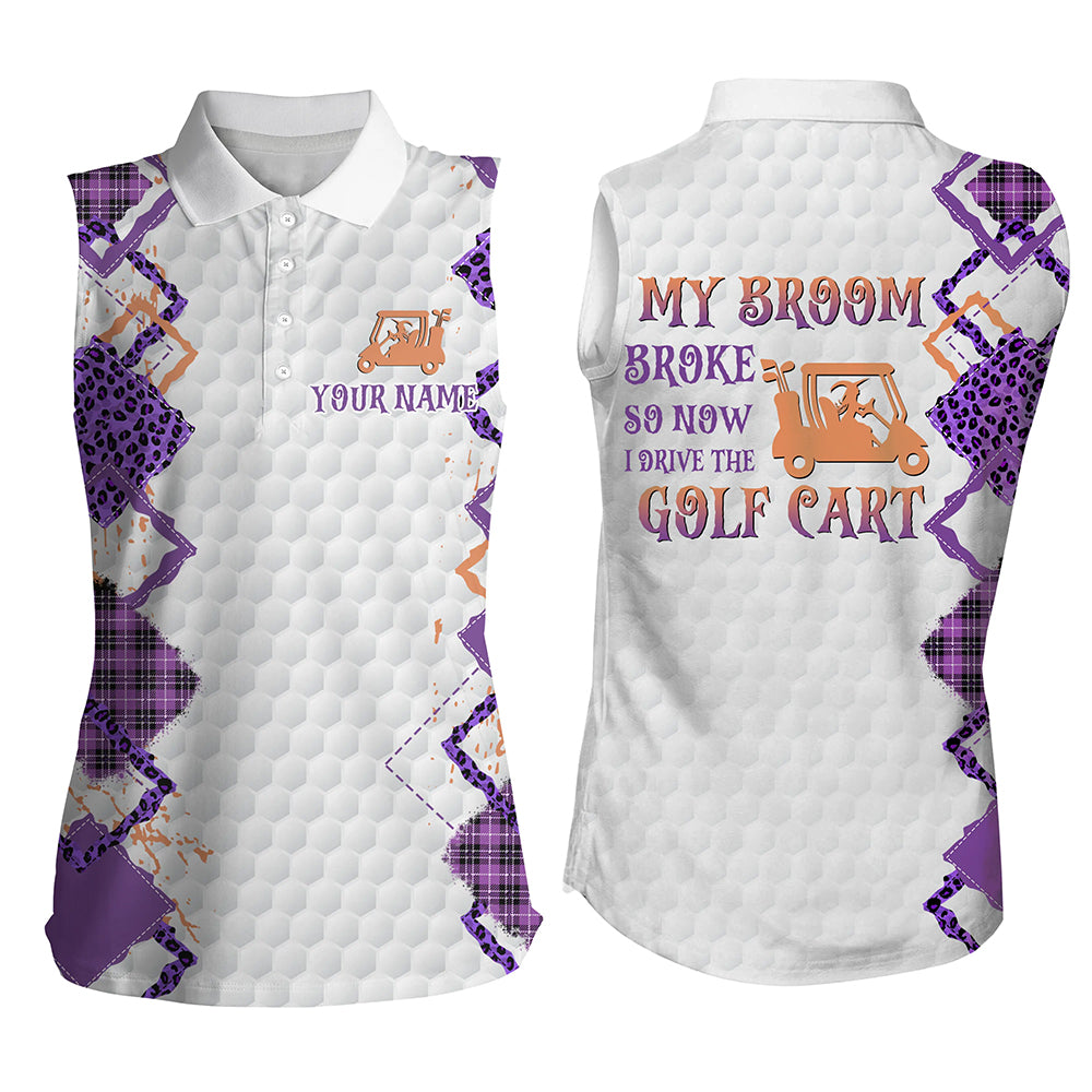 
Funny Halloween Leopard Print Women’s Sleeveless Polo Shirt - "My Broom Broke, Now I Drive the Golf Cart"
 N8214