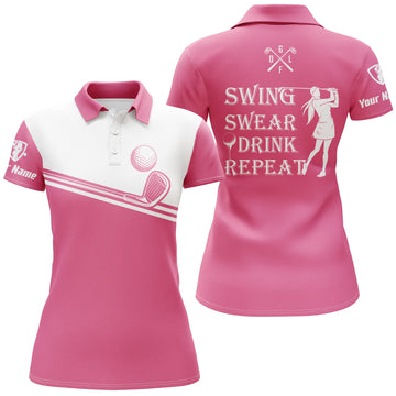 Women's Golf Polo Shirt - Personalised Name - Pink & White - Golfing Gift N4884