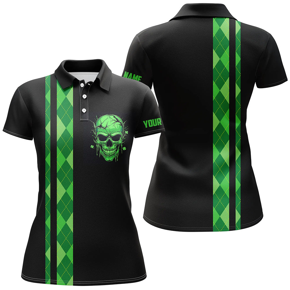 Custom Black Women's Golf Polo Shirt with Personalized Green Argyle Plaid Skull Design N7269