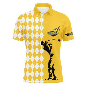 Custom White Argyle Plaid Men's Golf Polo Shirt - Personalised Yellow Golf Top N7271