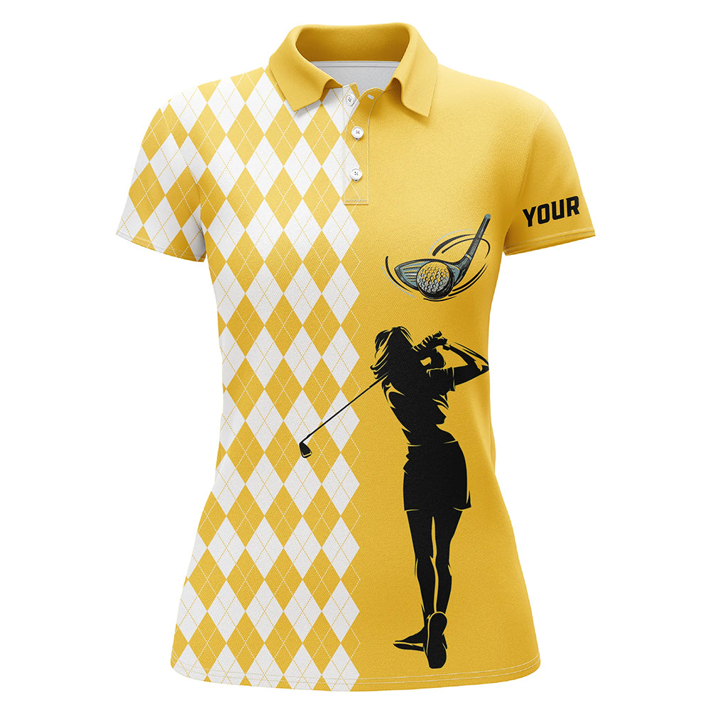 Custom Yellow Women's Golf Polo Shirt with Personalized White Argyle Plaid Pattern N7271