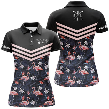 Custom Name Women's Golf Polo Shirt with Tropical Leaf and Flamingo Pattern - Perfect for Coffee, Golf, and Wine Days N4111