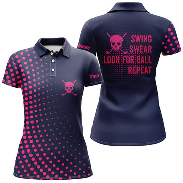 Custom Funny Women's Pink Skull Golf Polo Shirt with Swear Word Design | Navy Blue N5714