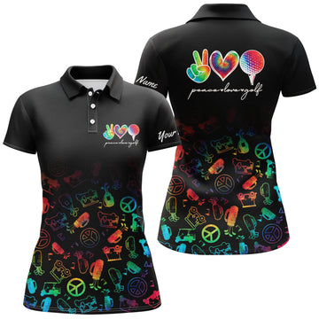 Personalized Black Women's Golf Polo Shirt with Custom Watercolor Design - Peace, Love, and Golf N4906