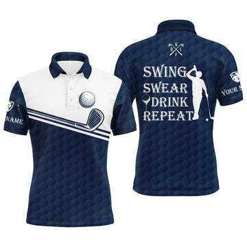 Men's Personalized Golf Polo Shirt in Navy Blue and White - Swing, Sweat, Drink, Repeat N4325