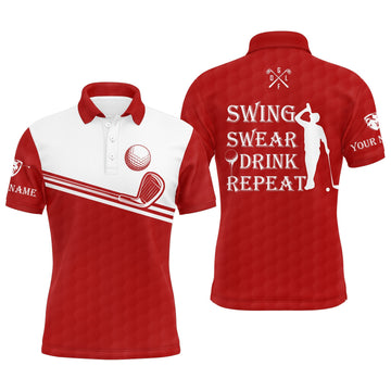 Men's Custom Name Red and White Golf Polo Shirt - Swing, Sweat, Drink, Repeat N4326