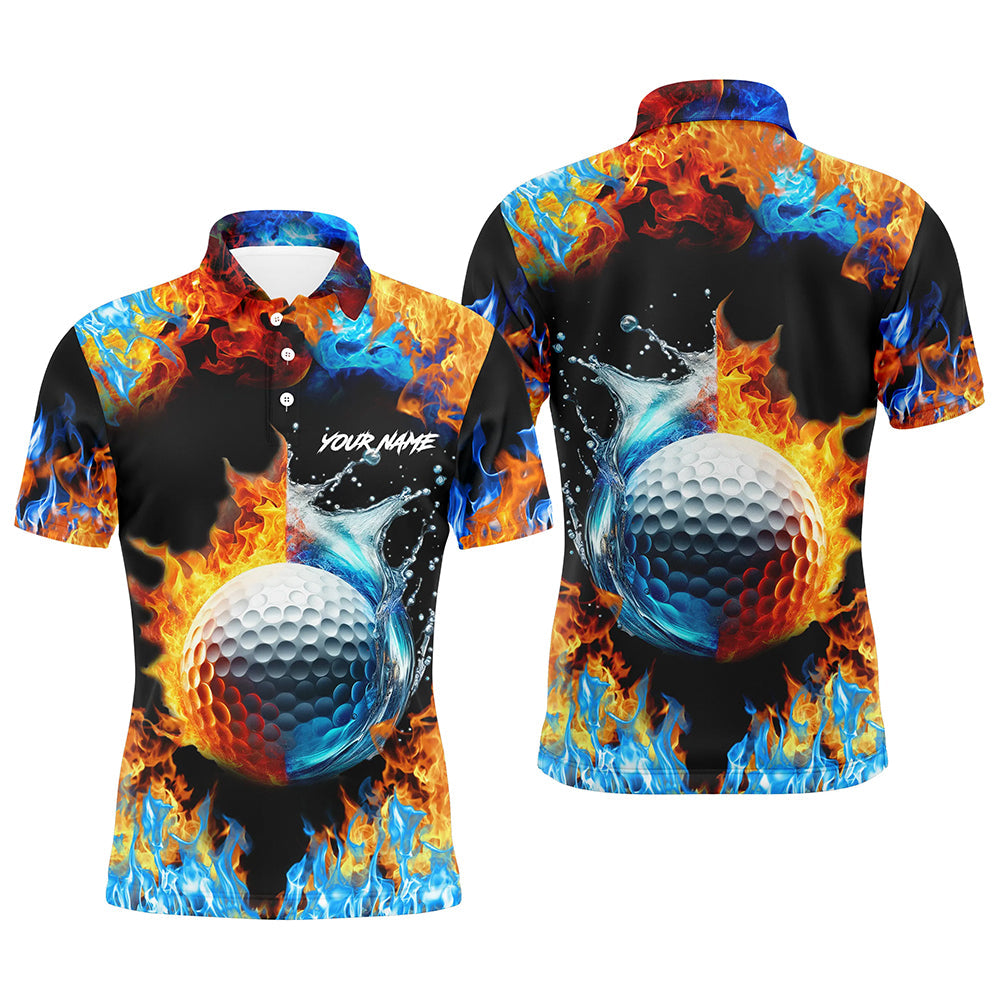 Men's Custom Golf Polo Shirts - Water & Fire Golf Ball Design - Premium Golf Attire N7288